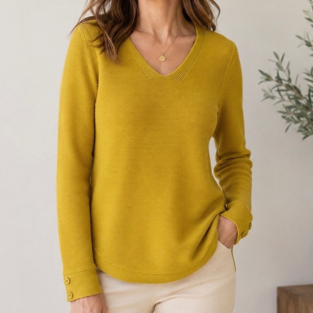 Talbots Petites XLP Mustard Textured Knit V-Neck Sweater Hi-Low Button Cuff